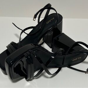 Aldo Glossy Black Strappy Heels